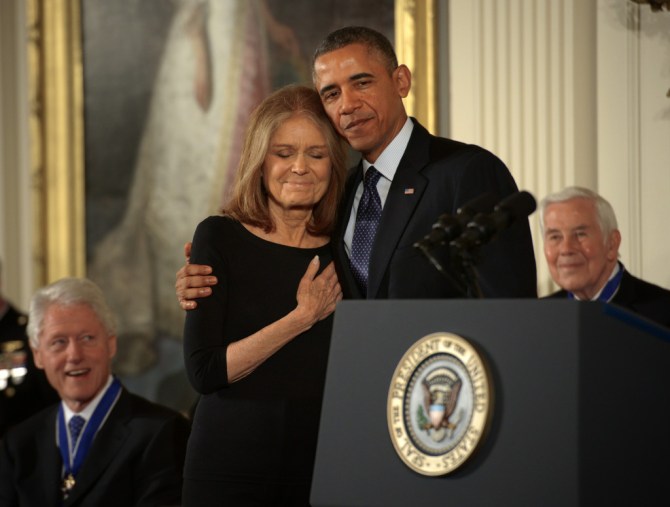 President Barack Obama awards the Presidential Medal of Freedom to Gloria Steinem, among others, in Washington, DC.